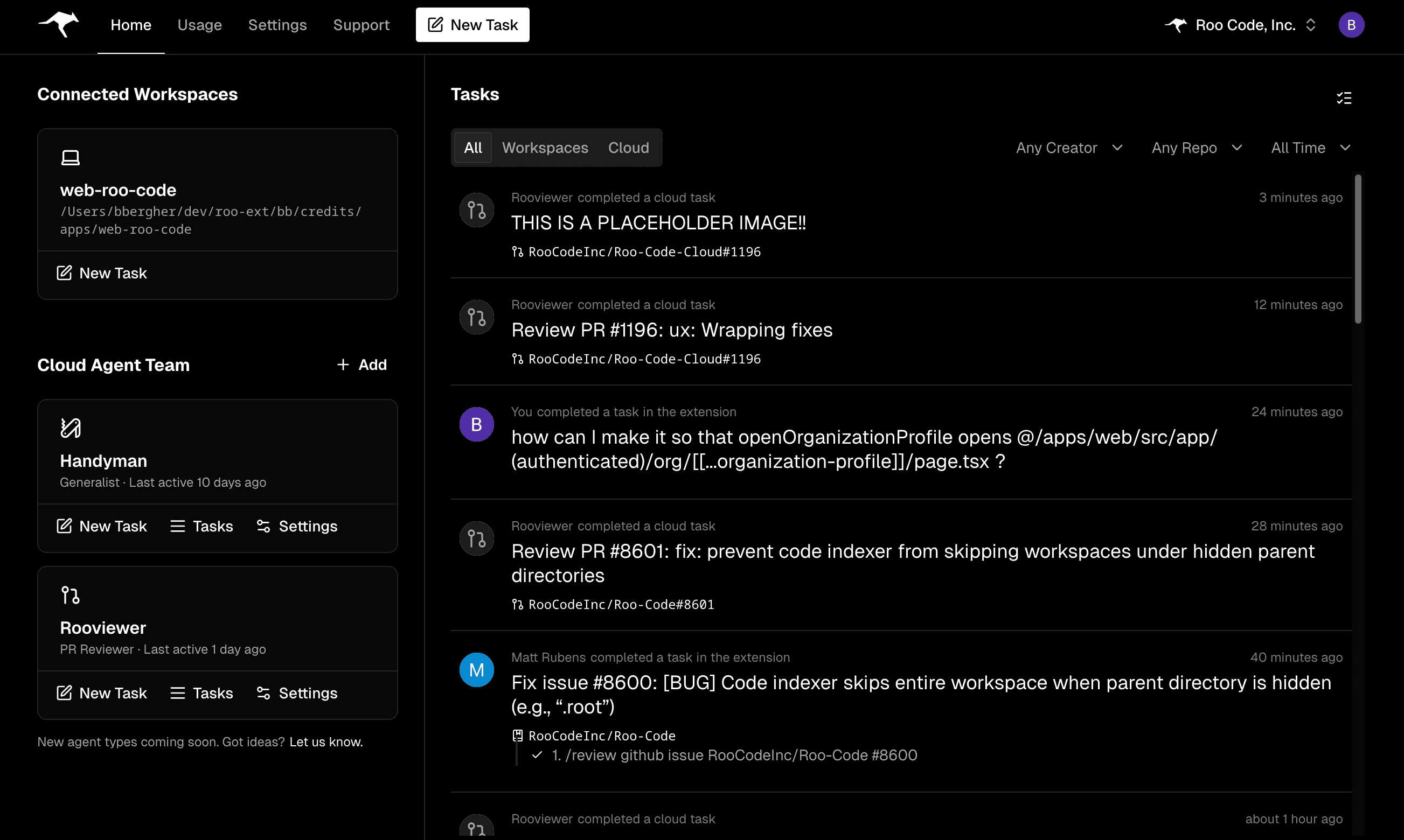 Screenshot of Roo Code Cloud